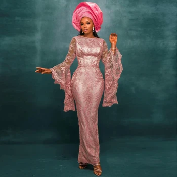 Aso Ebi Pink Lace Evening Dresses Long Flare Sleeve African Wedding Guest Gown Black Women Formal Party Dress Nigerian Prom Gown