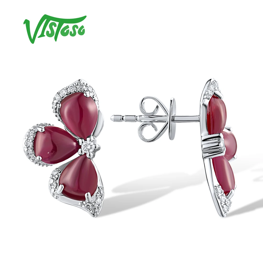 VISTOSO Authentic 14K 585 White Gold Stud Earrings For Women Sparkling Diamonds Ruby Fancy Flower Wedding Party Fine Jewelry