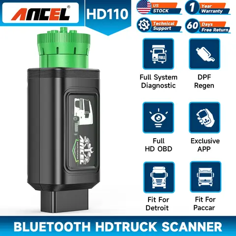 ANCEL HD110 Bluetooth Diesel Heavy Duty Truck Scanner All System DPF Regen for Detroit Paccar Diagnostic Scan Tool 9/12 Pin