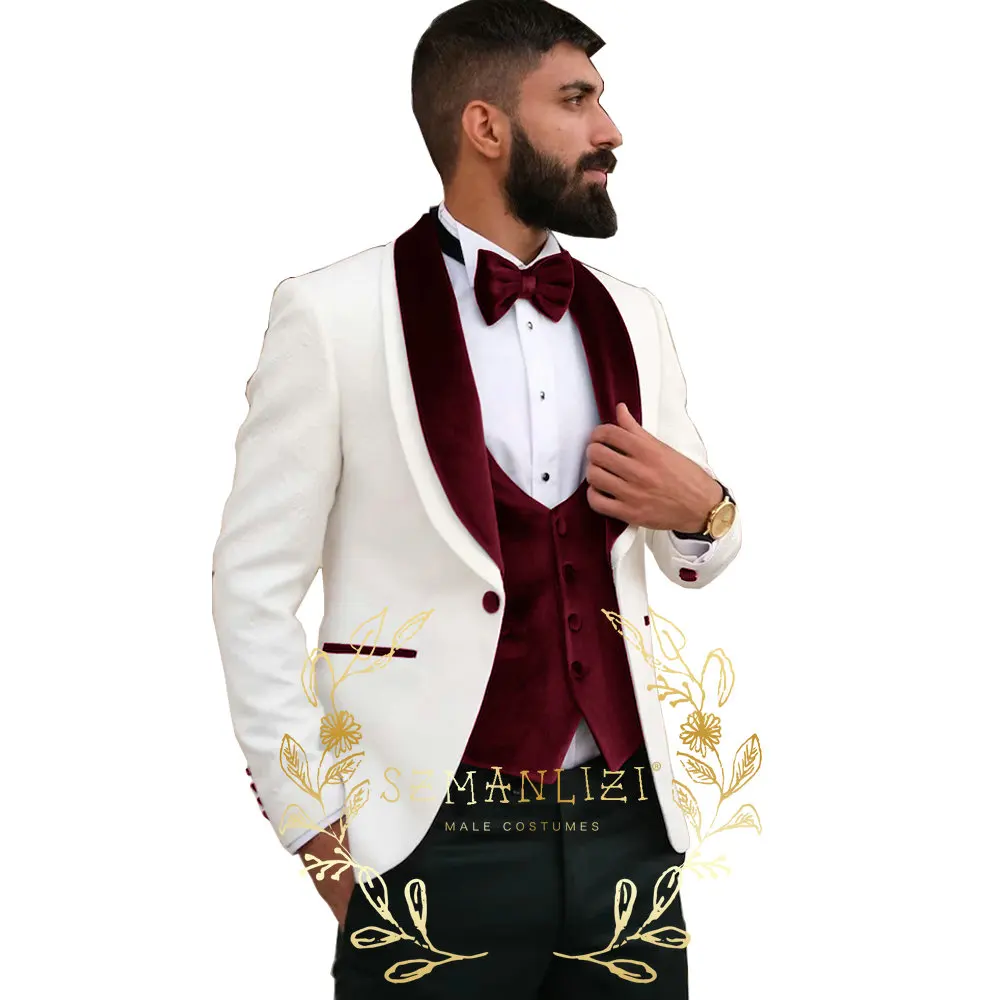 Classic White Jacquard 3 Pieces Men's Suits Tailor Made Business Formal Man Wear Wedding Suit Grooms Blazer Vest Pants Set