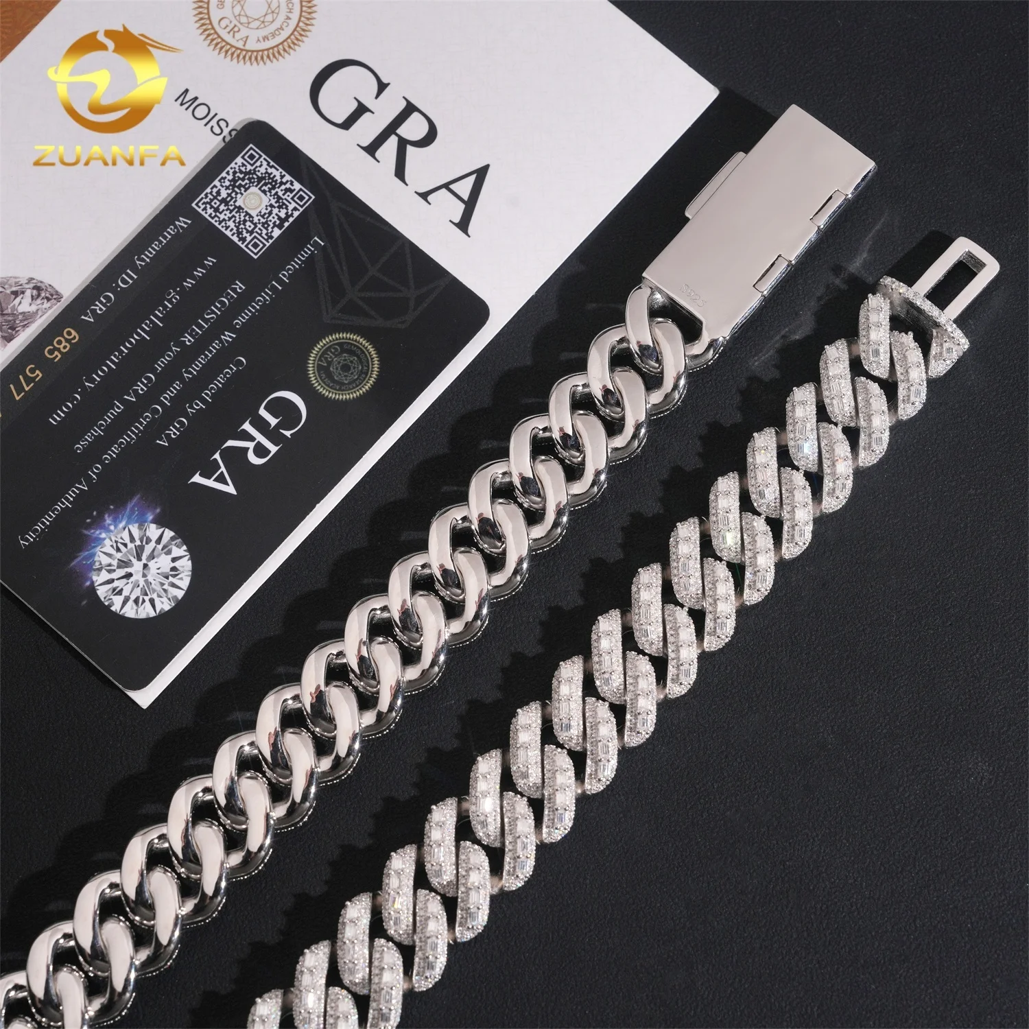 Hop Hip Jewelry 18mm Width Solid Heavy Baguette Diamond Iced Out 925 Sterling Silver Cuban Link Chain..