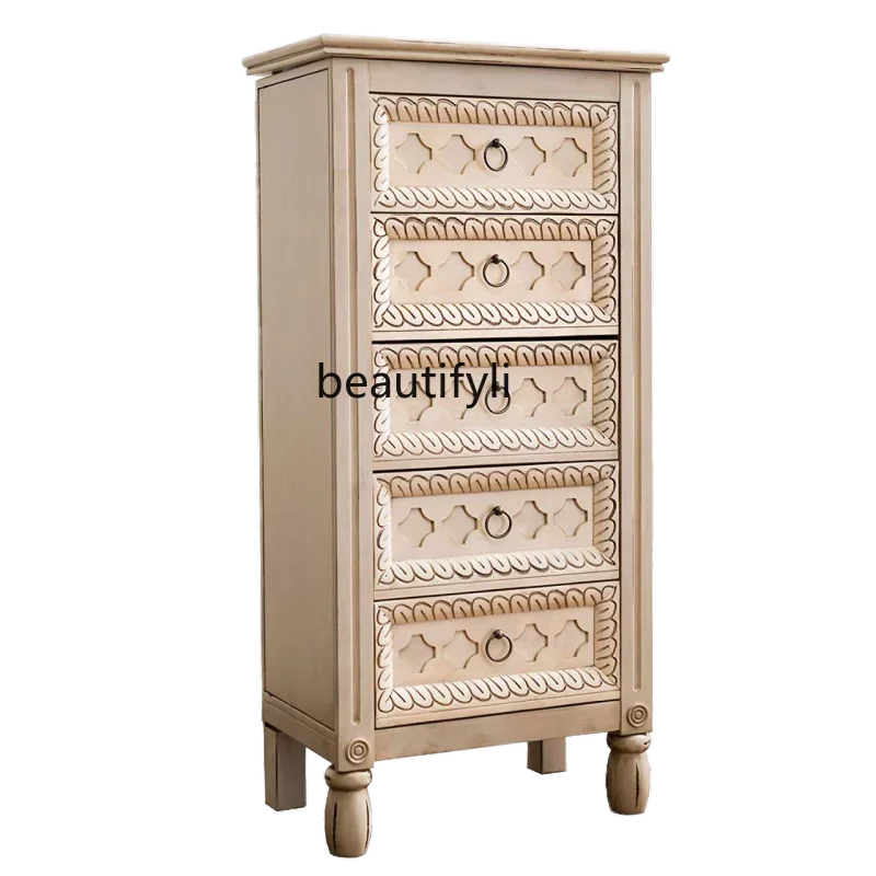 

A15 Retro Creamy-white Jewelry Storage Cabinet Floor Carved European Style Chest of Drawers Simple with Mirror