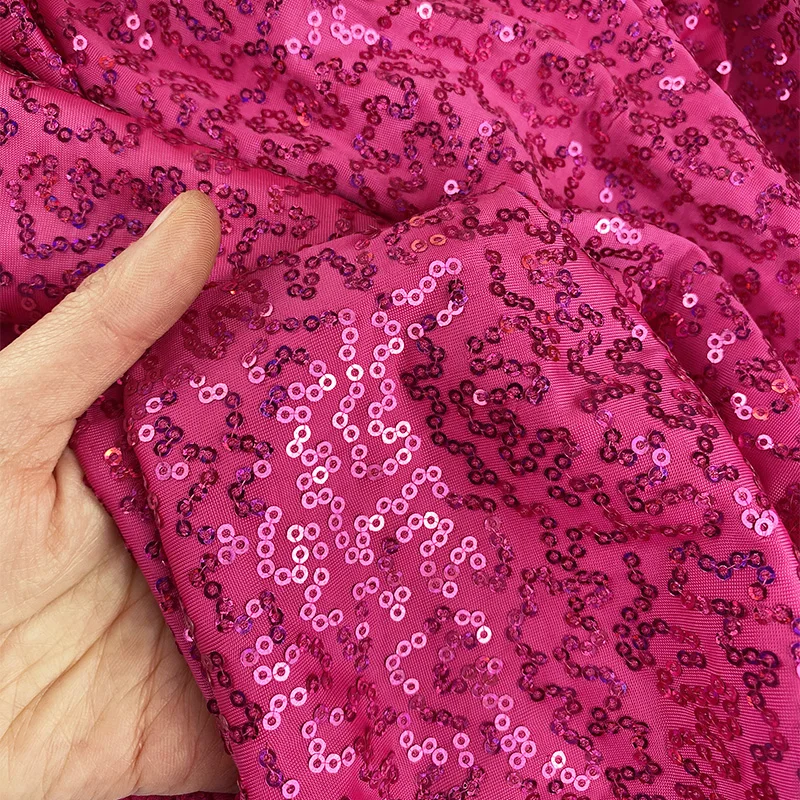 Fushia Sequins 3mm  Fabrics Shiny 4ways Stretch Knit Embroidery Dance Dress Sparkly Fabric for DIY Dress Clothes Wide130cm