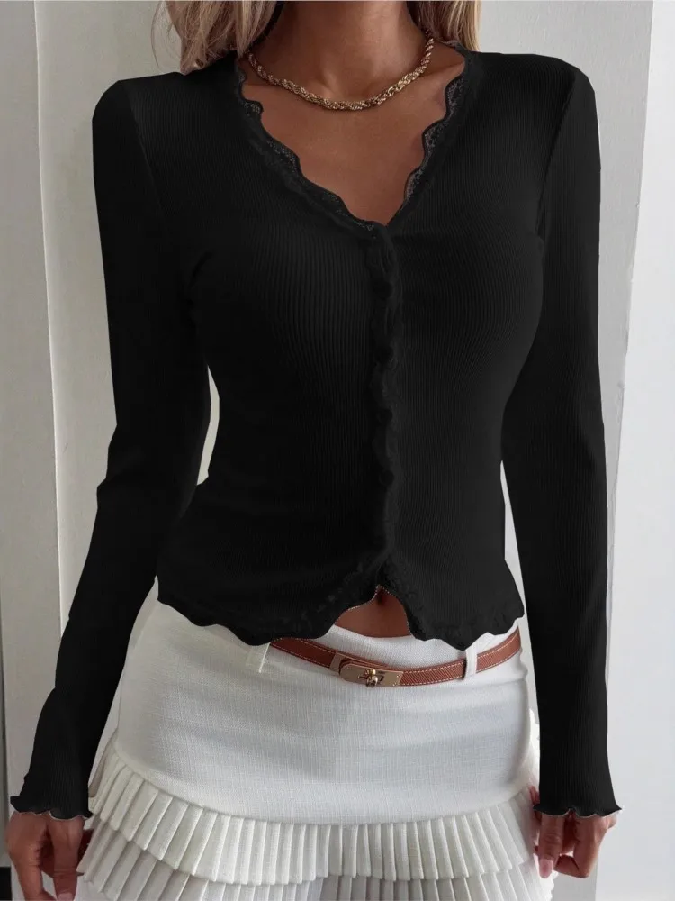 Women's Elegant Slim Top Autumn And Winter Solid Color V-neck Lace Stitching Anti-strip Cardigan Versatile Long-sleeved T-shirt