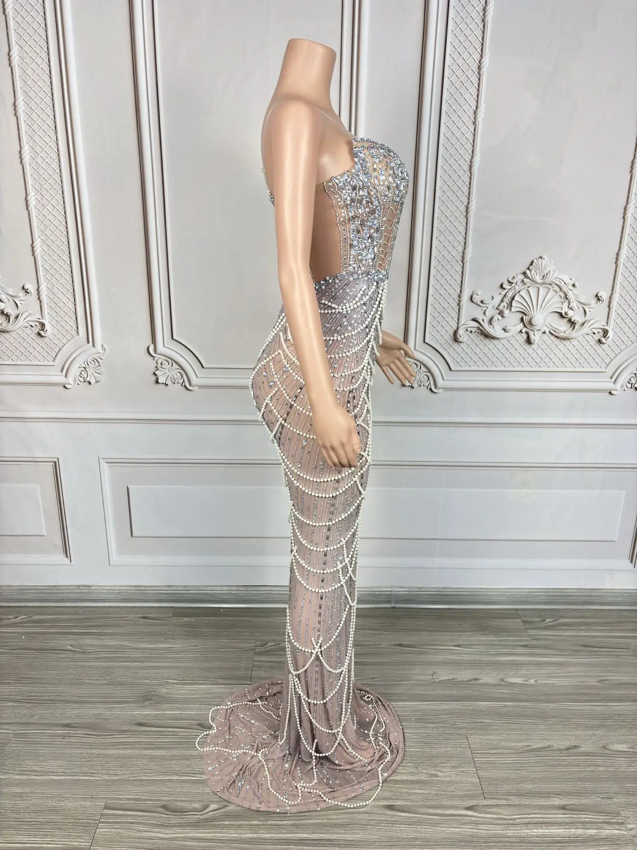 Zhenzhulian robe à strass scintillants Sexy chaîne de perles soirée célébrer robe de bal fête d'anniversaire robes chanteur spectacle scène porter