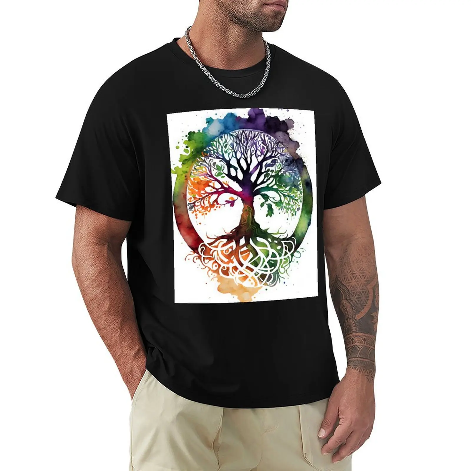 

Rainbow Colored Celtic Tree of Life Watercolor Pagan Wiccan T-Shirt plain anime figures plus size men clothing