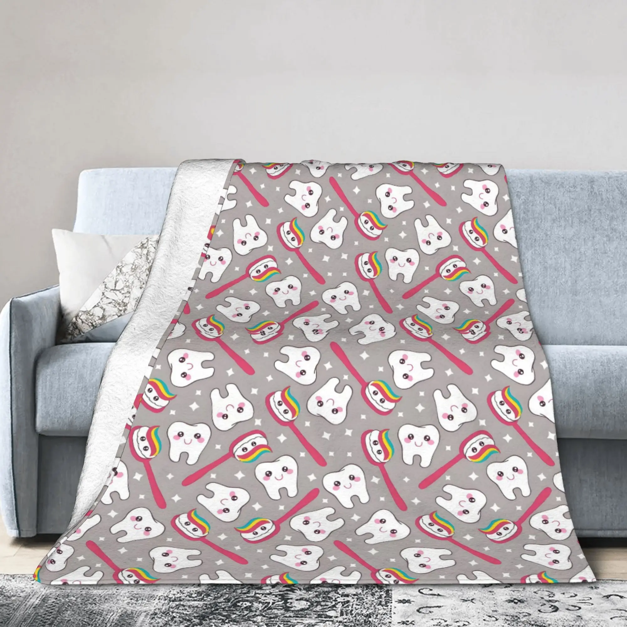 Custom Teeth Pattern Tooth Blankets Breathable Soft Flannel Summer Care Dental Health Throw Blanket for Sofa Home Bedding