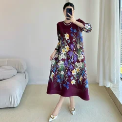 Pleated Dresses Premium Botanical Floral Printed Vintage Elegant Peplum Loose Plus Size Women's Dresses Party Traveling