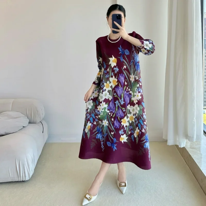 Pleated Dresses Premium Botanical Floral Printed Vintage Elegant Peplum Loose Plus Size Women's Dresses Party Traveling