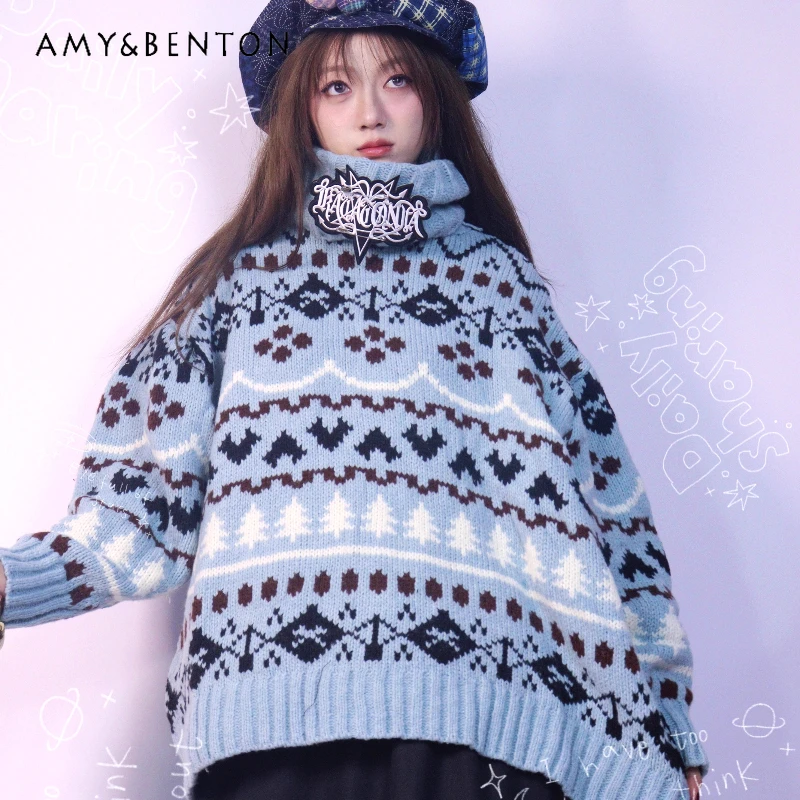 

Christmas Vintage Design Blue Handmade Jacquard Women's Pullovers Winter New High Neck Loose Versatile Knitted Sweater Ladies