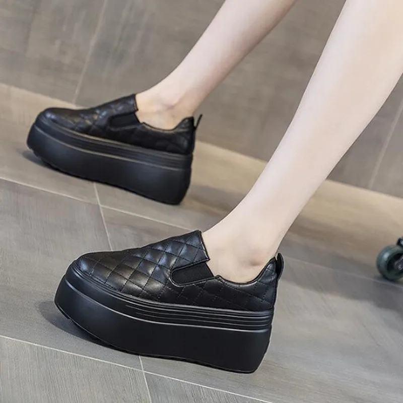 

High Quality 8CM Sewing Genuine Leather Platform Wedge Lady Sneakers Chunky New Spring Autumn Women Casual Vulcanize Comfy Shoes