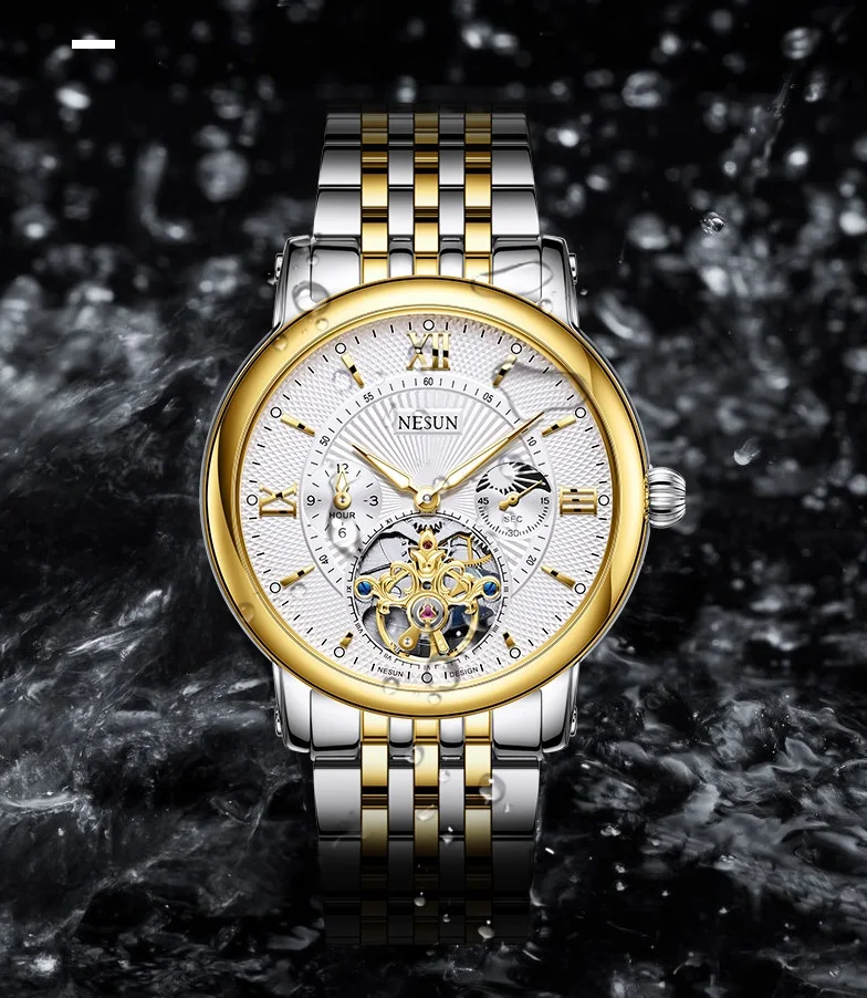 Orologio meccanico da uomo NESUN, movimento potente completamente automatico, orologio meccanico da lavoro luminoso autentico in acciaio inossidabile per