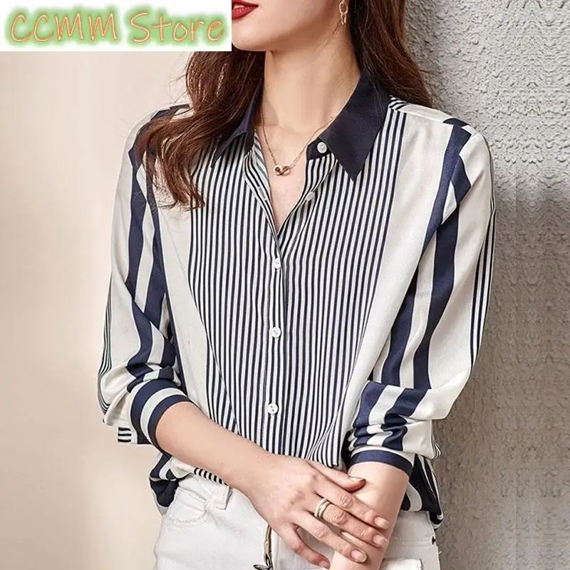 

Fashion Printed Spliced Button Korean Striped Shirt Female Clothing Spring and Autumn New Casual Tops Long Sleeve Blouse