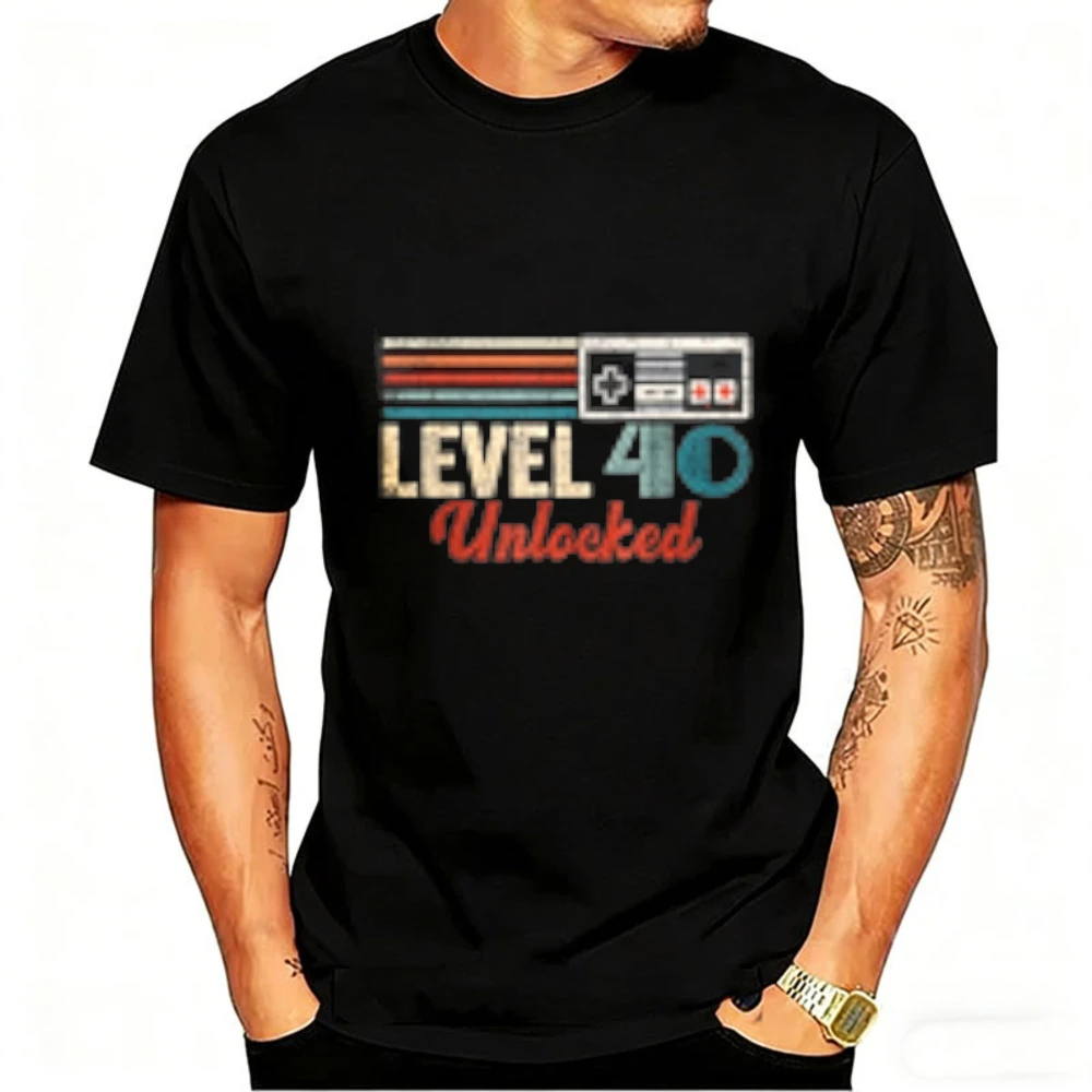 

Men's "Level 40 Unlocked" Cotton T-Shirt Retro Striped Video Game Controller Graphic T-shirt for 40th Birthday & Gamer Gift