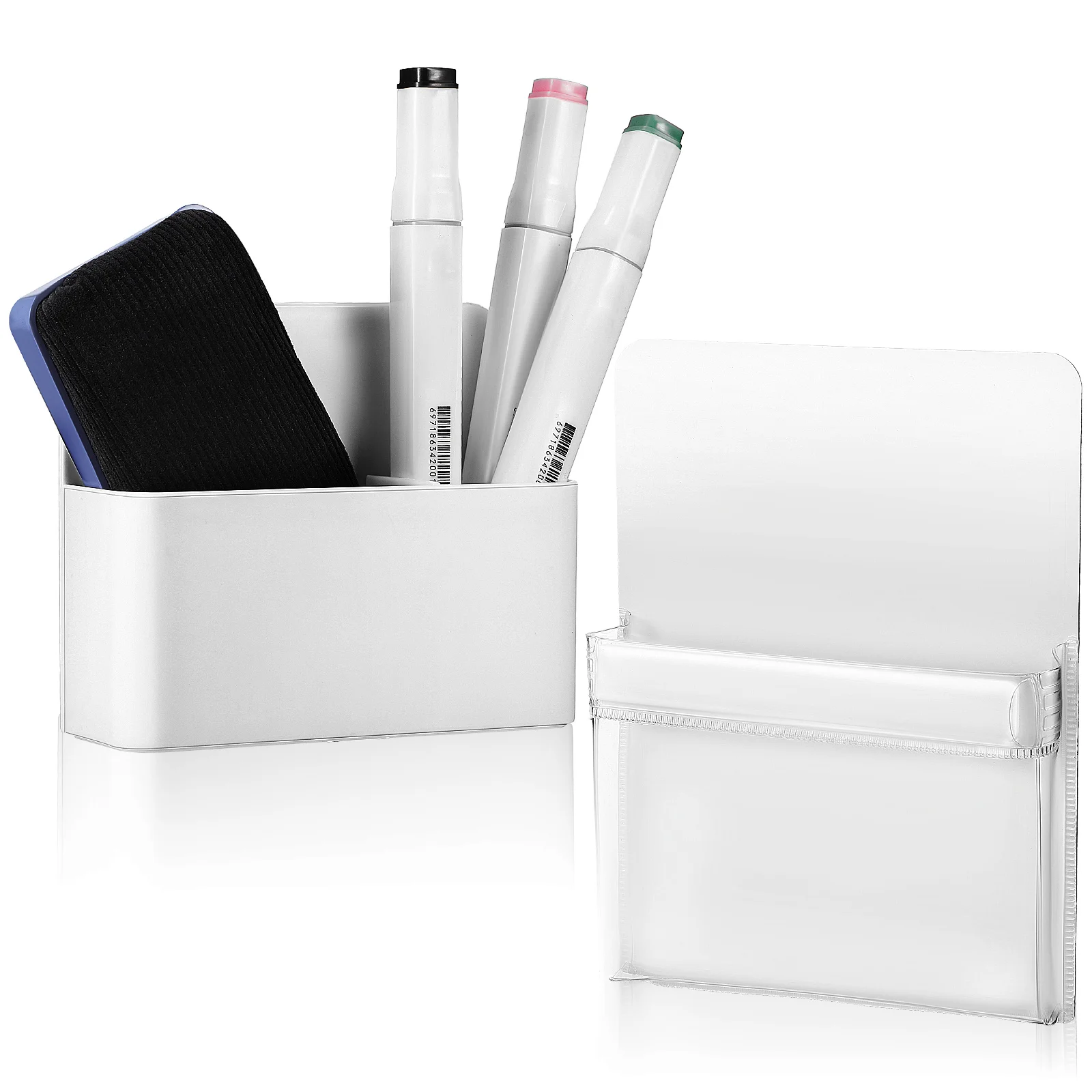 2 Pcs Pen Holder Kit Magnetic ABS PVC Flat Back Strong Adhesive Wall Mountable Desk ganizer Storage Solution Whiteboard Marker