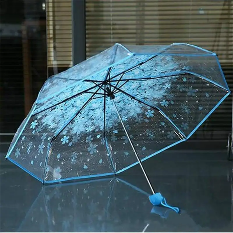 Clear Sakura Umbrellas Korean Simple Folding Umbrella 3 Fold Transparent Cherry Blossom Rain Umbrellas For Adults Girls Women