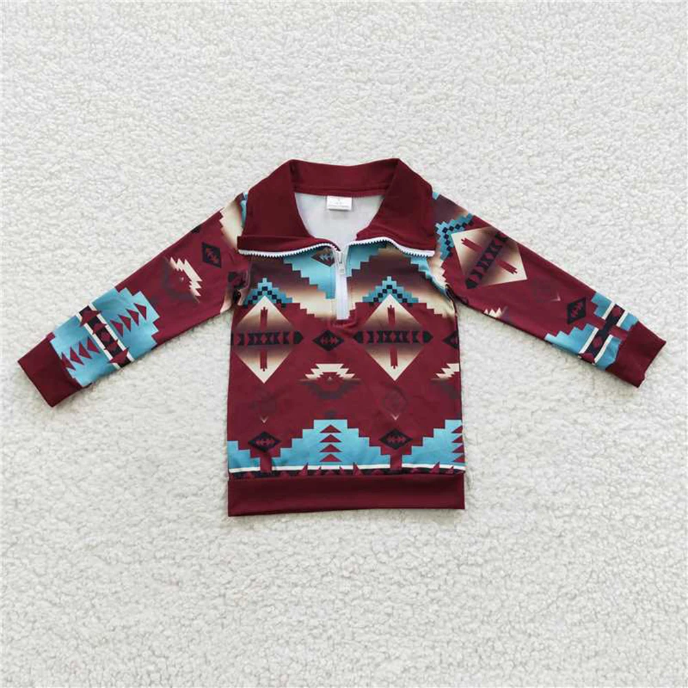 wholesale hot sale children's clothing  t-shirts for baby boys clothes Geometric figure red zipper long-sleeved top