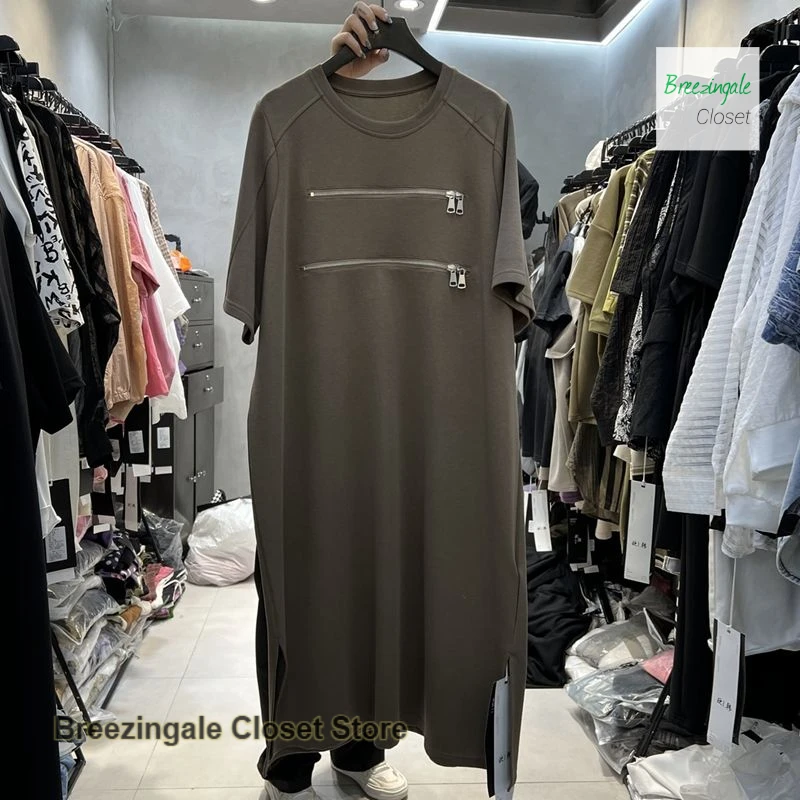 

Korean style fashion solid color double zipper round neck short sleeve T-shirt long skirt female summer new loose casual dress