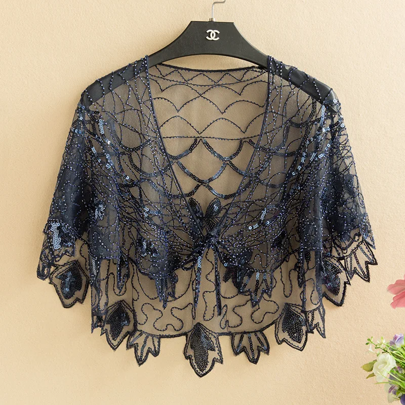 Chal de lentejuelas de estilo Retro para mujer, chal de seda de diseñador, chal de banquete, pañuelo de hombro, Poncho musulmán, Bolero, capa única, fascinador, 1920