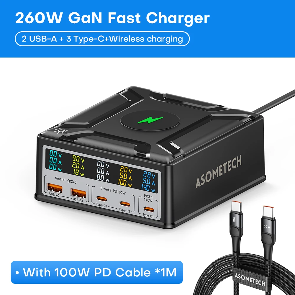 ASOMETECH 260 W GaN Ladegerät Typ C PD3.1 Schnellladegerät für MacBook Tablet PPS Quick Charge 3.0 für IPhone 14 13 Telefon Ladegerät Xiaomi Samsung 3