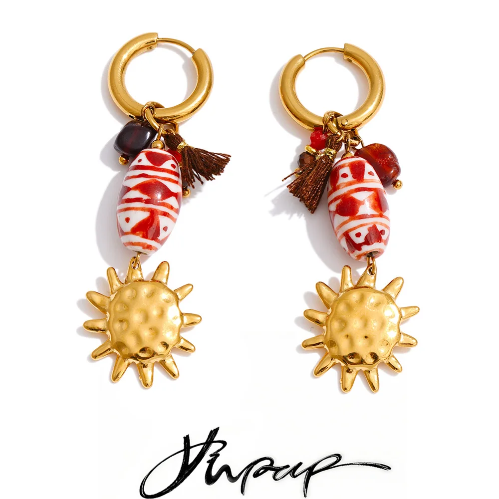 Yhpup New Style Stainless Steel France Ceramic Sun Small Drop Dangle Hoop Earrings Exquisite Fashion 2026 Handmade Jewelry Gift