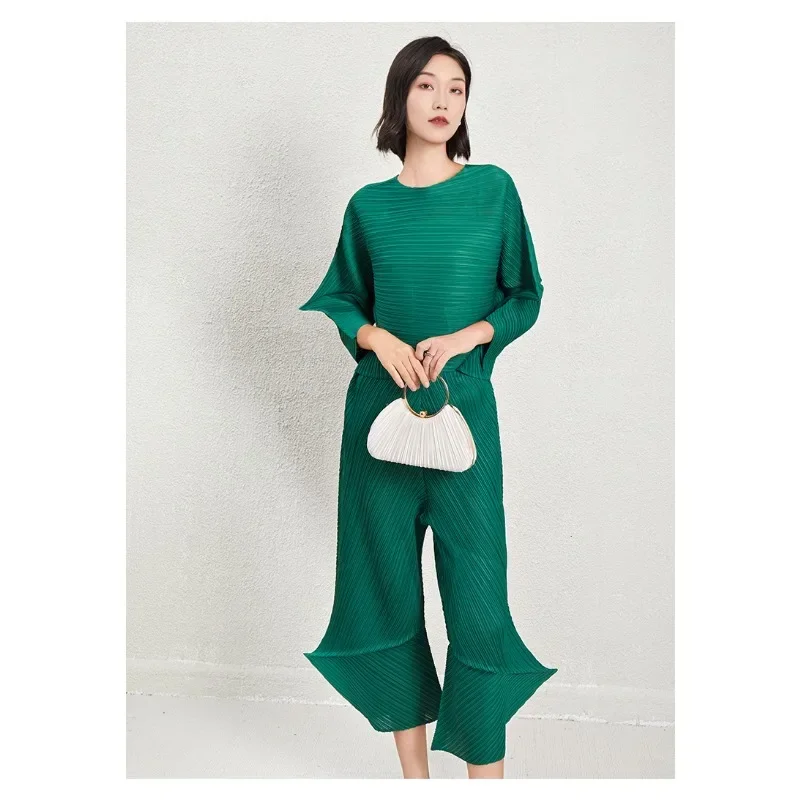 SMVP Geplooid damespak effen kleur ronde hals lange mouw top losse grote maat gevouwen broek 2025, lente herfst nieuwe vrouw