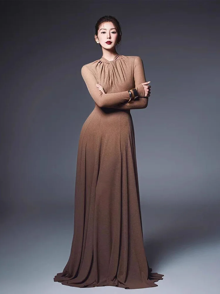 Elegant Knitted Slim Long Dress with Pleats And Long Sleeves Simple Style Casual Wear Polyester Fiber A-Line Skirt