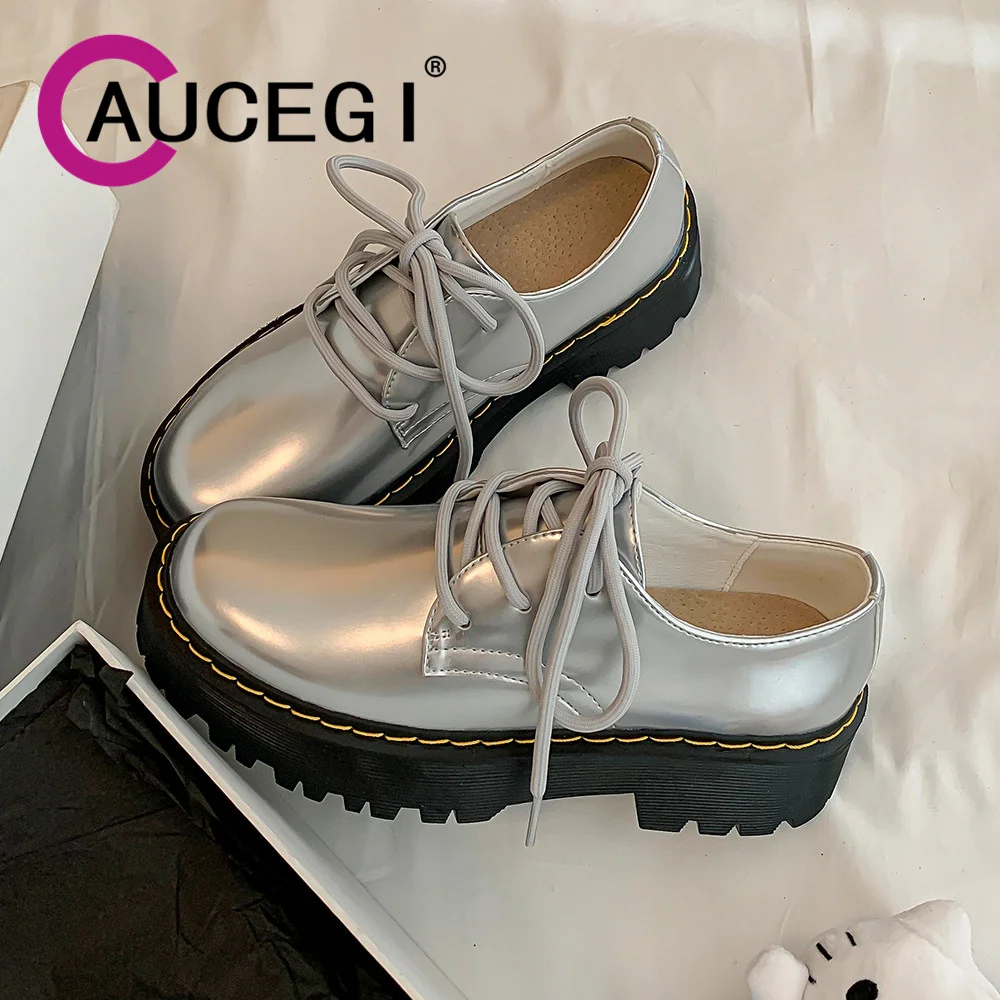 

Aucegi British Style Women Platform Thick High Heel Genuine Leather Pumps Round Toe Cross Tied Commuter Banquet Casual Shoes