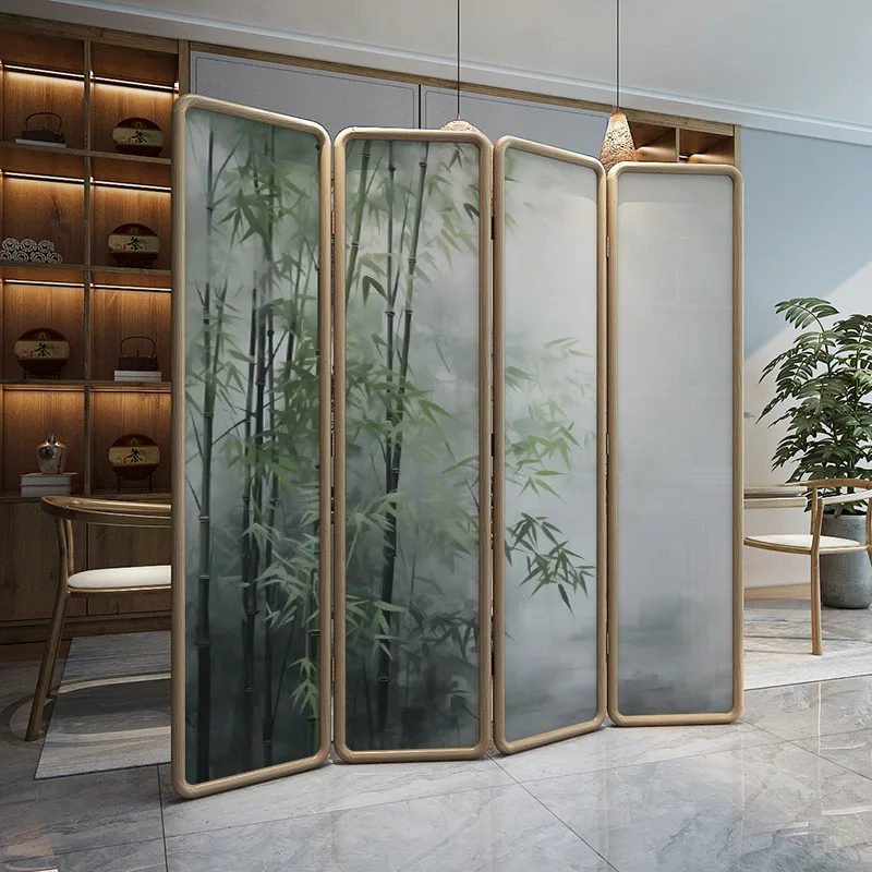 New Chinese style Song Dynasty aesthetics simple bamboo mobile folding screen partition living room sofa background wall tea roo