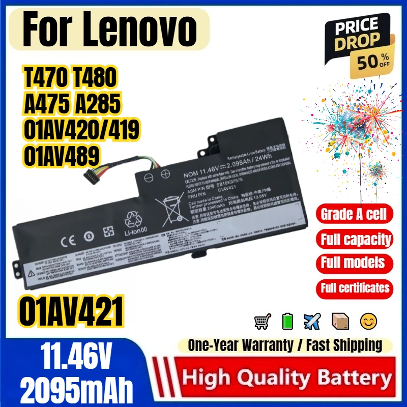 01AV421 for Lenovo T470 T480 A475 A285 01AV420/419 01AV489 Laptop Battery High Quality High Capacity Battery Replacement Bateria