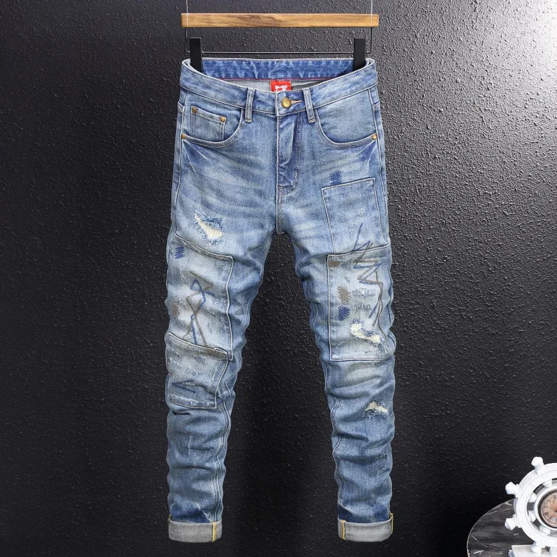 Men's 2026 New Spring American Vintage Denim Pants, Layered with Ripped Patches, Slim Tapered, Versatile, Daily Casual Pants