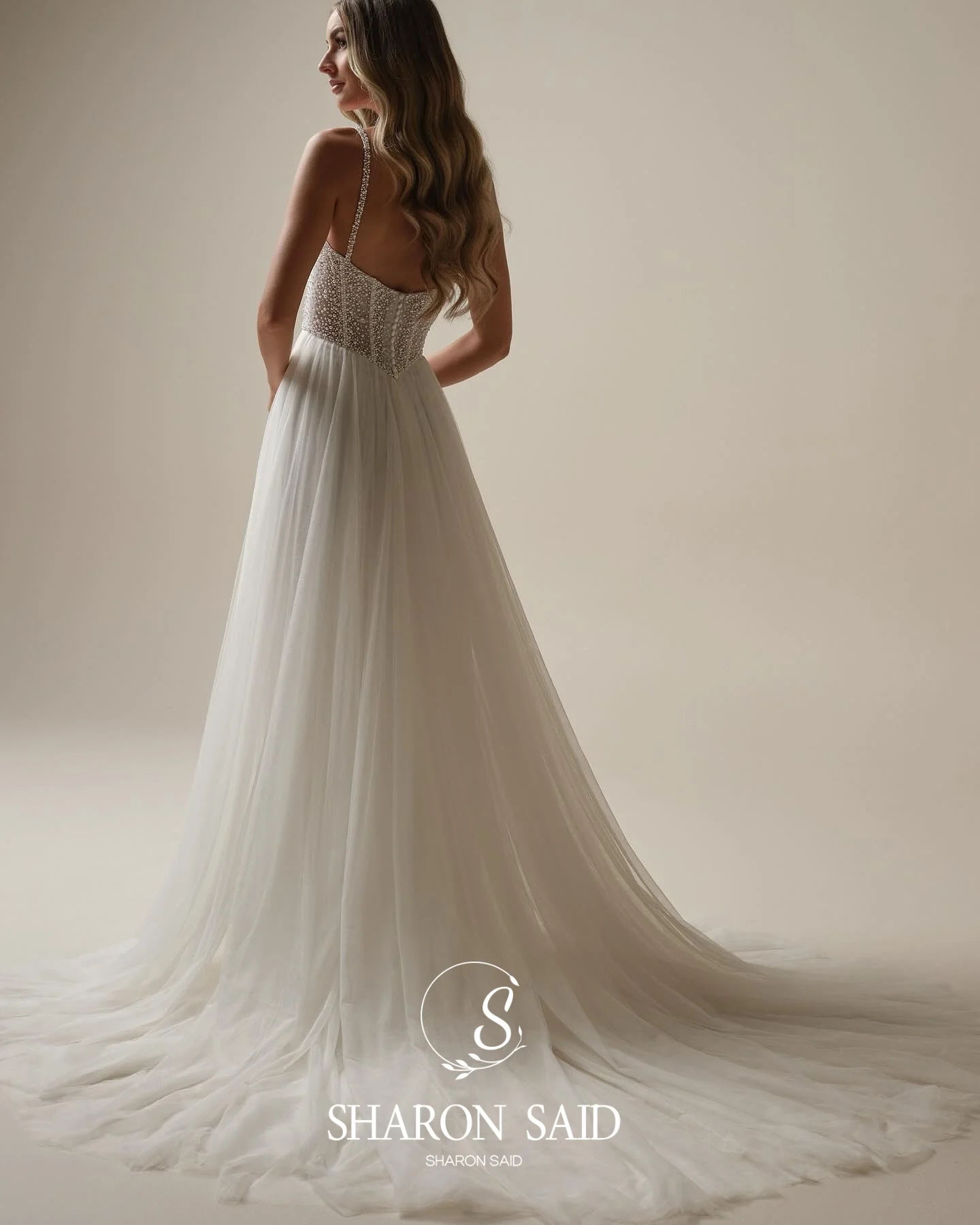 Sharon Said Romantische Spaghetti Band Off White Tule Trouwjurk 2025 A-lijn Sweetheart Parel Bruid Jurken SW153 Aangepaste