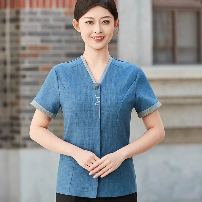 

Hotel Housekeeping Uniforms for Women, Summer Short Sleeve Workwear for Hotel, Mall, Hospital, Property Management, Blue