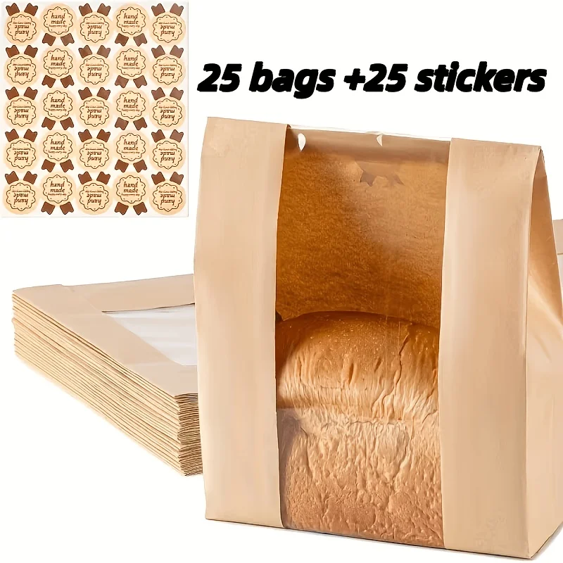 25Pcs Kraft Paper Bread Bags with Window & Thank You Stickers(25 Bags + 25 Stickers), Bakery Paper Bags, for Bread, Toast and