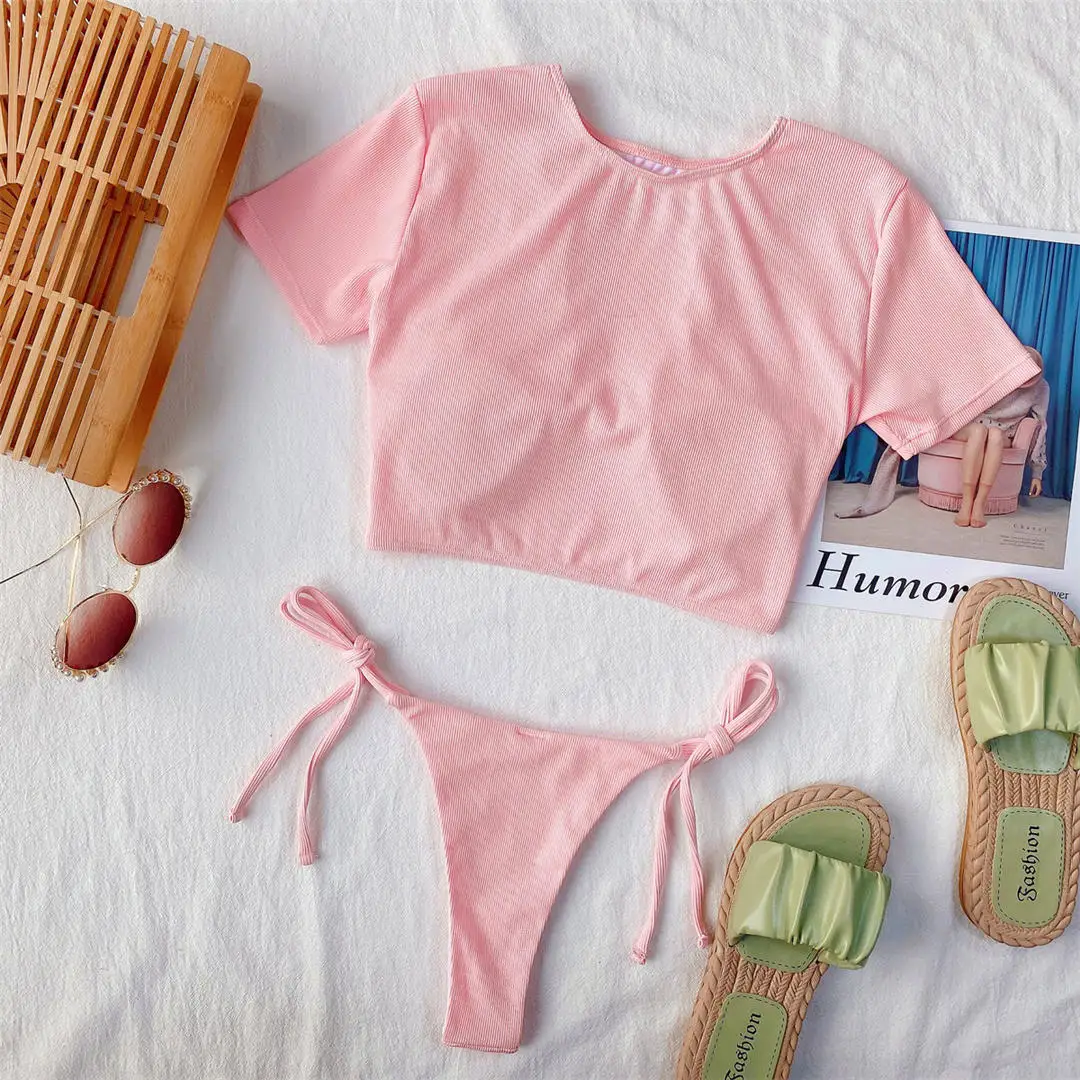 Sexy gerippter Bikini mit hohem Halsausschnitt und kurzen Ärmeln, Damen-Badeanzug, zweiteiliges Bikini-Set, Badebekleidung, Badeanzug, Schwimmanzug V3036 – Detail 8