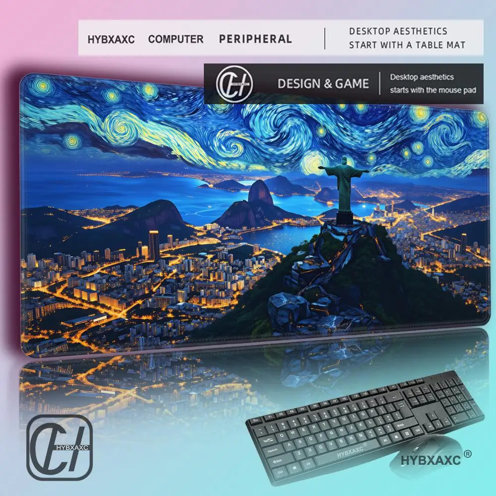 HYBXAXC Rio de Janeiro Christ Statue Starry Sky Large Mouse Pad Gaming Desk Mat Non-slip Rubber Base