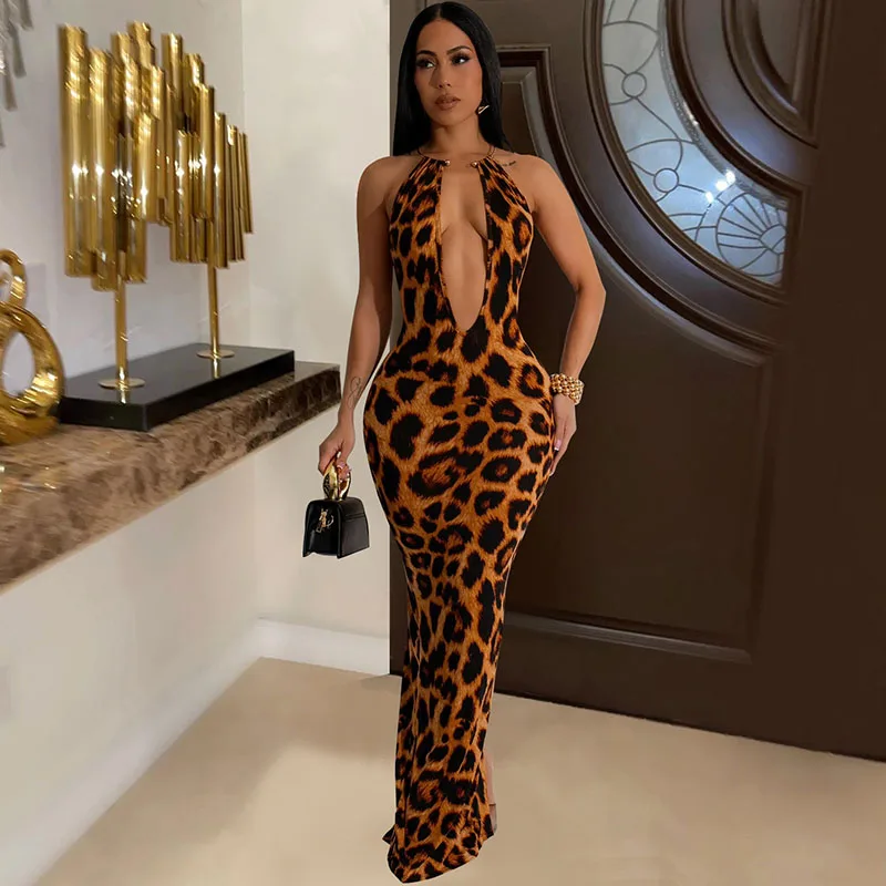 

Sexy Leopard Print Bodycon Maxi Dress Women Sleeveless Backless Halter Deep V-neck Split Party Club Birthday Long Dress Vestidos