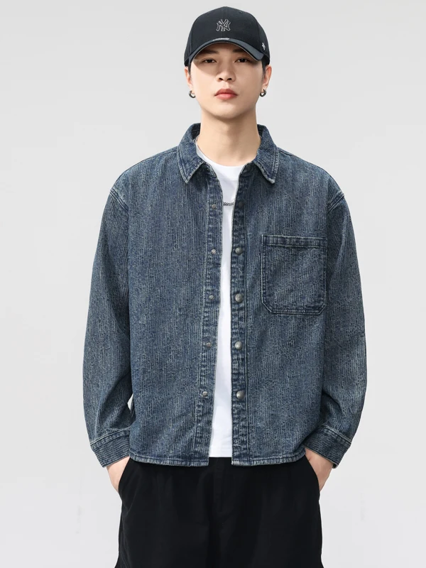 

American Sle Heavyweight Vertical Stripe Texture Rinsed Denim irt Men's Autumn New Workwear irt Jaet Loose Fit Cotton...