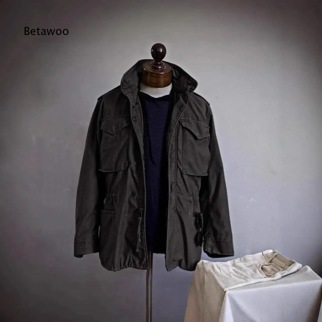 Men Stand Collar Multi Pocket Cargo Jacket Loose Fit Vintage Military Outerwear for Spring Autumn Outdoor Daily Casual Wear