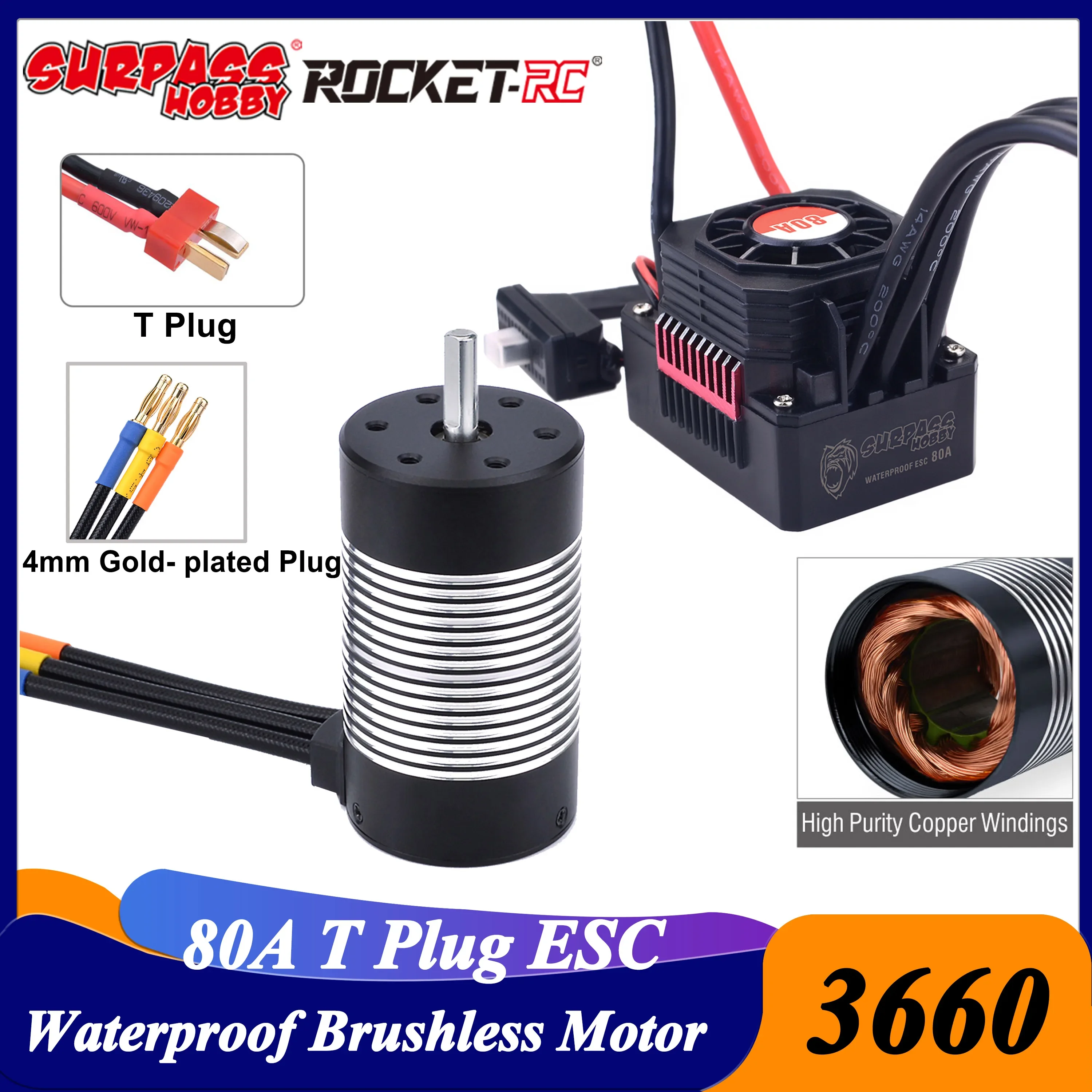 Surpass Hobby Rocket 3660 Waterproof 3.175mm Shaft Brushless Motor KK 80A ESC T Plug for 1/10 RC Car Model Toy Parts WLtoy 12428