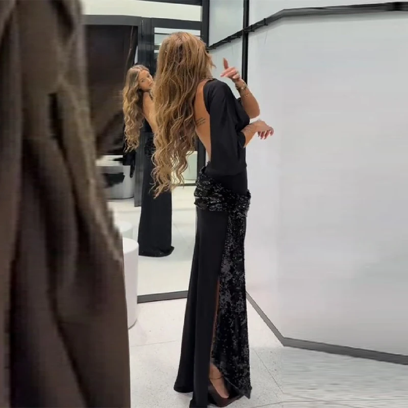エレガントな新作スパンコールウエストバンドドレス、ワイドショートスリーブ、バックレス、ブラック、フロア丈スカート、ラグジュアリーな女性用イブニングデートロングガウン