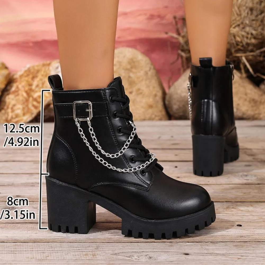

Женские ботинки с металлической цепочкой и пряжкой на ремне, нескользящие, износостойкие ботинки на квадратном каблуке со шнуровкой и боковой молнией на платформе