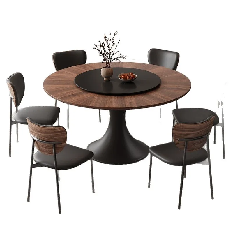 

Medieval style solid wood dining table and chairs round table household small apartment rock slab walnut parquet retro round
