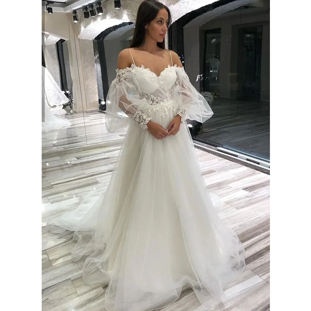 A-line Beach Wedding Dress Long Puff Sleeve Lace Bridal Gown Custom Made Princess Wedding Party Gowns Boho Plus Size