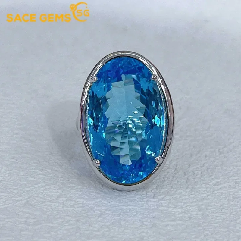 

SACE GEMS New Certified 15*25MM Natual Swiss Blue Topaz Rings for Women 925Sterling Silver Wedding Party Fine Jewelry Festival