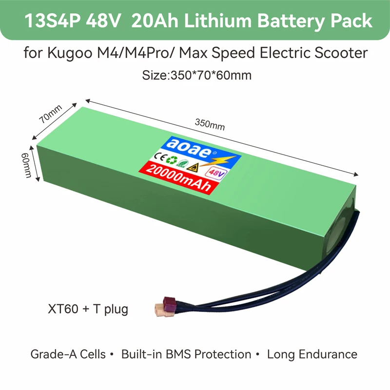 48V Lithium Battery Pack 13S4P 20Ah Grade-A Cells For Kugoo M4 M4Pro Max Speed E-Scooter Built-in BMS Dual XT60+T Long Range