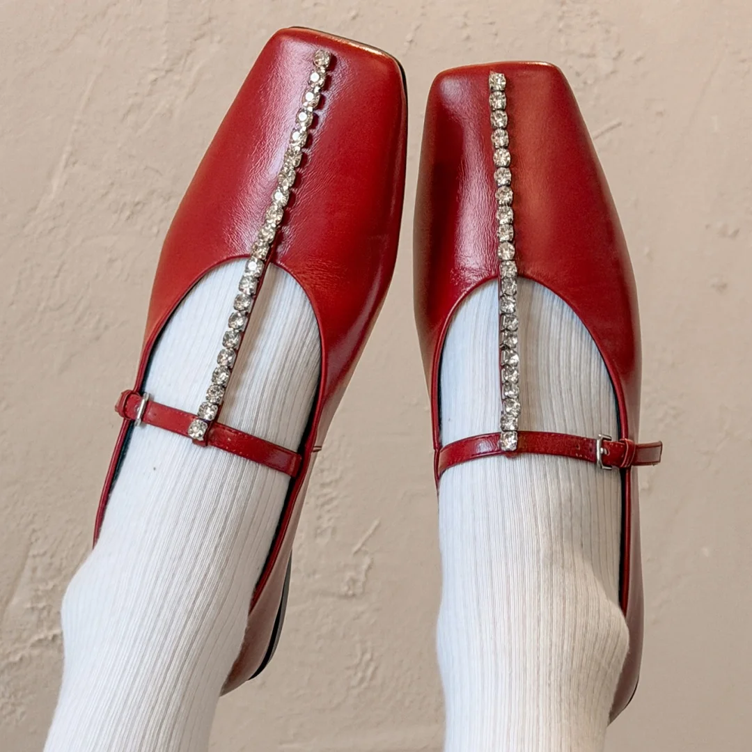 

Women's cow leather crystal decoration narrow band t-strap square toe slip-on flats casual female high quality soft comfort shoe