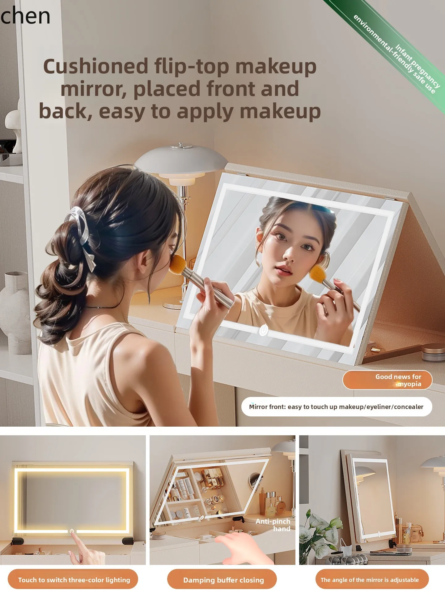 

HTT Makeup Table Multifunctional Dressing Table Computer Desk Storage Cabinet Integrated Drawer with Lock Cream Style Solid Wood