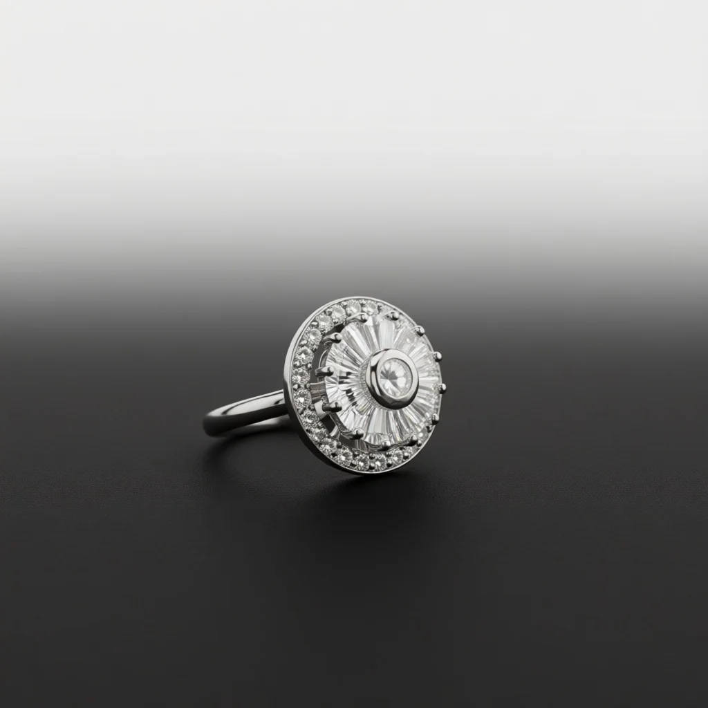 Women Silver‑Tone Sunburst Halo Zircon Ring, Radiant Cut Center Stone Pave Outer Ring Luxe Jewelry Gift for Party & Anniversary
