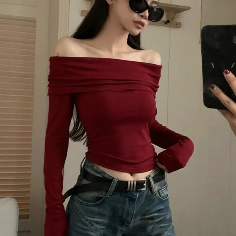 Xpqbb Vintage Slash Neck Pullover Women Korean Fashion Slim Long Sleeve Short Blouses Ladies Sexy Off Shoulder Club Party Tops